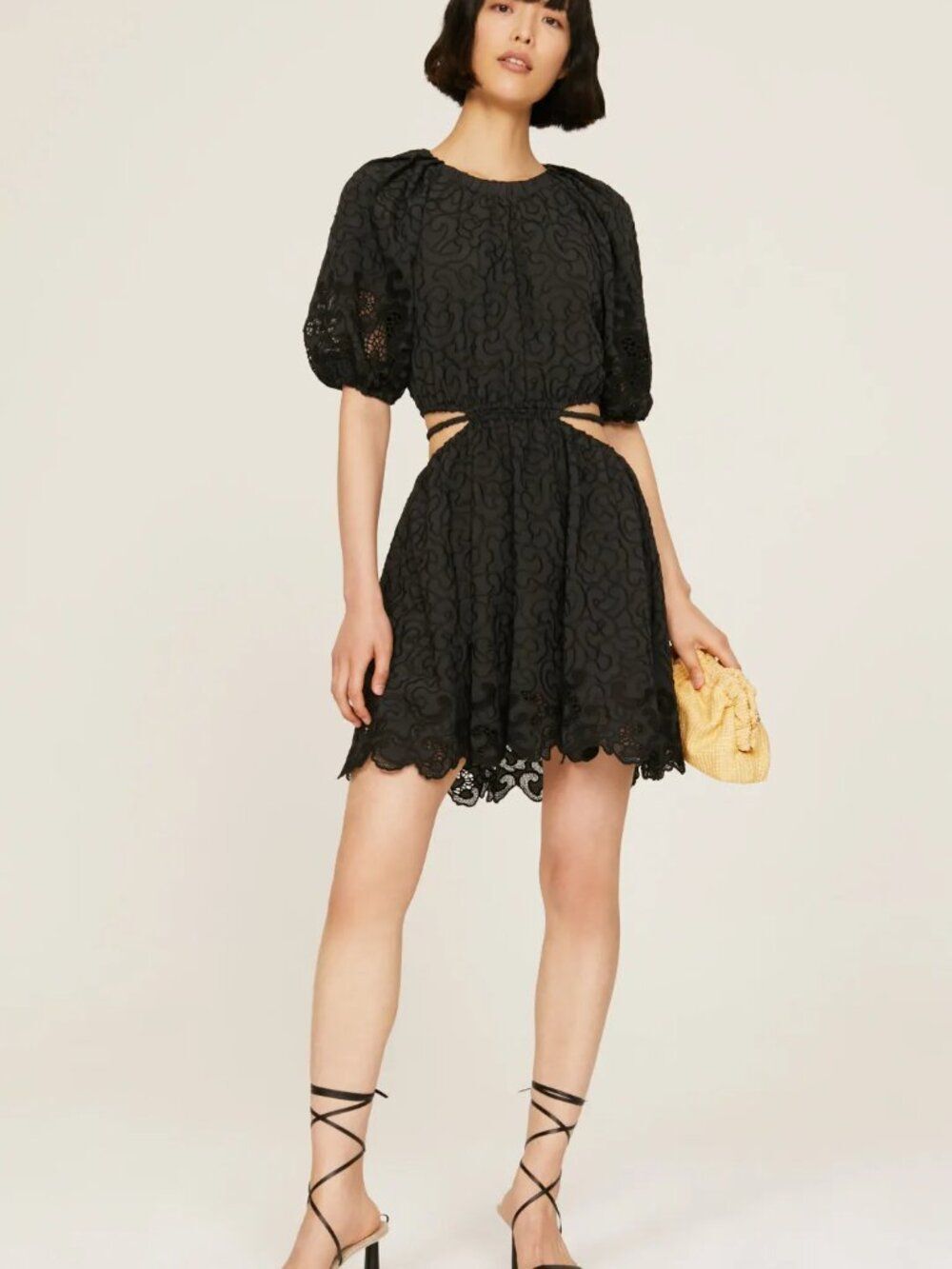 Jonathan SIMKHAI Anaise Black Mini Dress Crepe Cut Out Embroidered hem Party 6